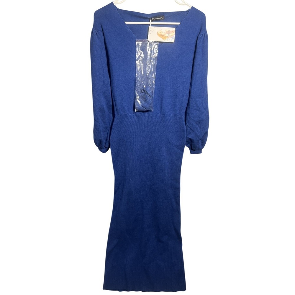 Prettygarden Women's Blue Knit Ribbed Midi Dress V-Neck Puff Sleeve Tie Waist XL